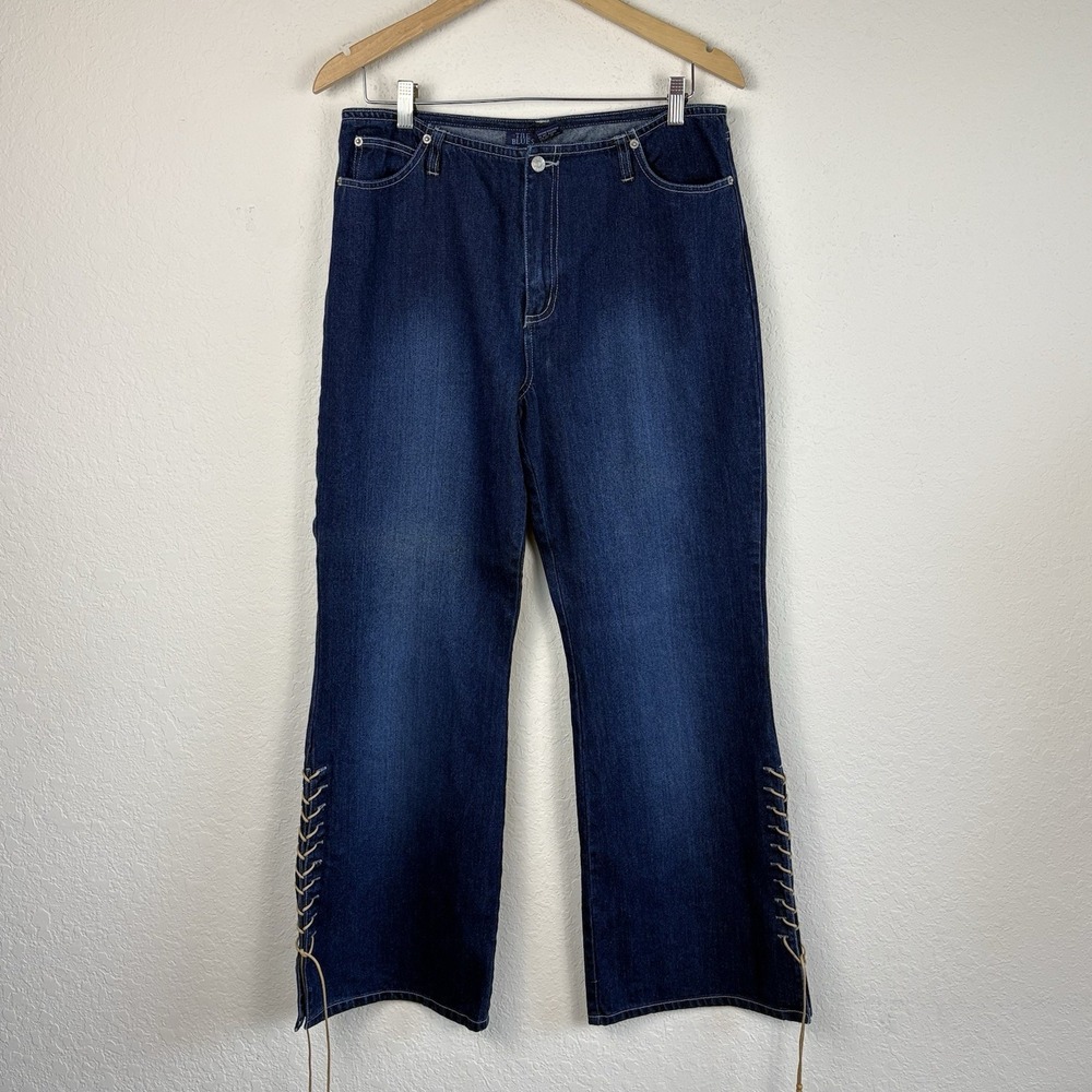 Vtg Y2k The Blues Jeans Size 12 Bootcut Western Lace Up Blue Denim Festival